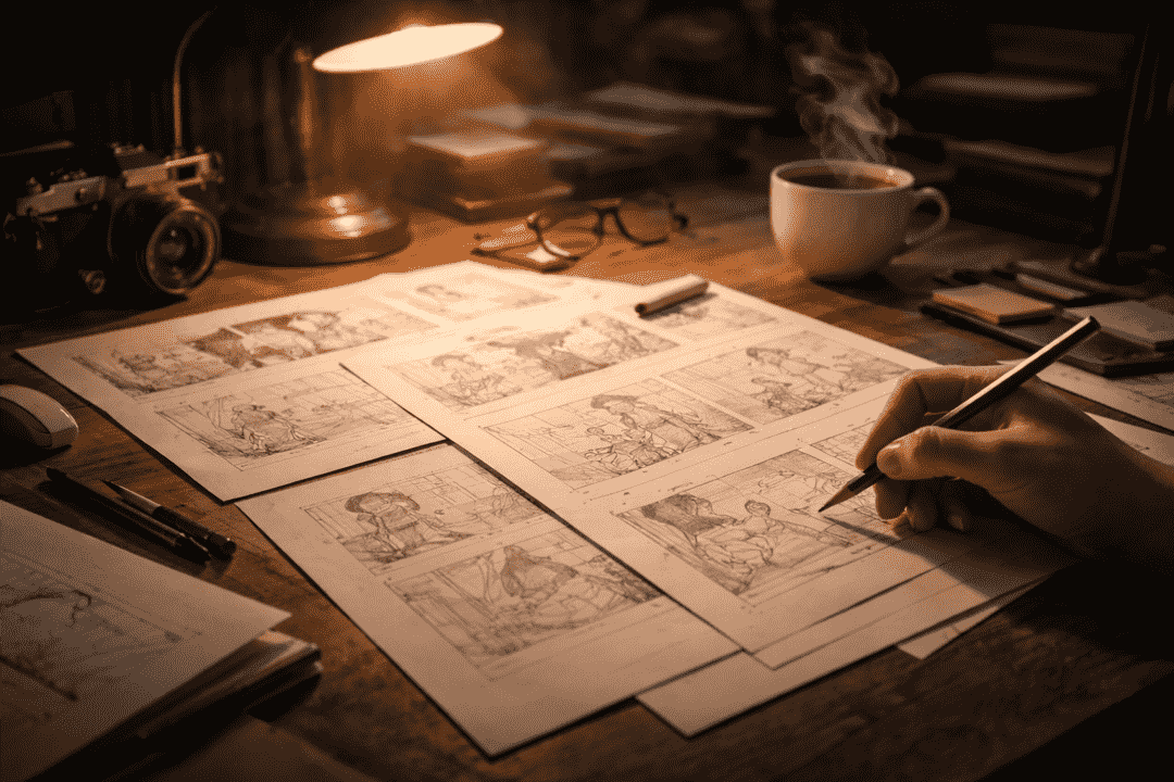 木质桌面上铺着分镜草图和剧本手稿，展示小说拆解漫剧分镜的完整工作流与创作过程