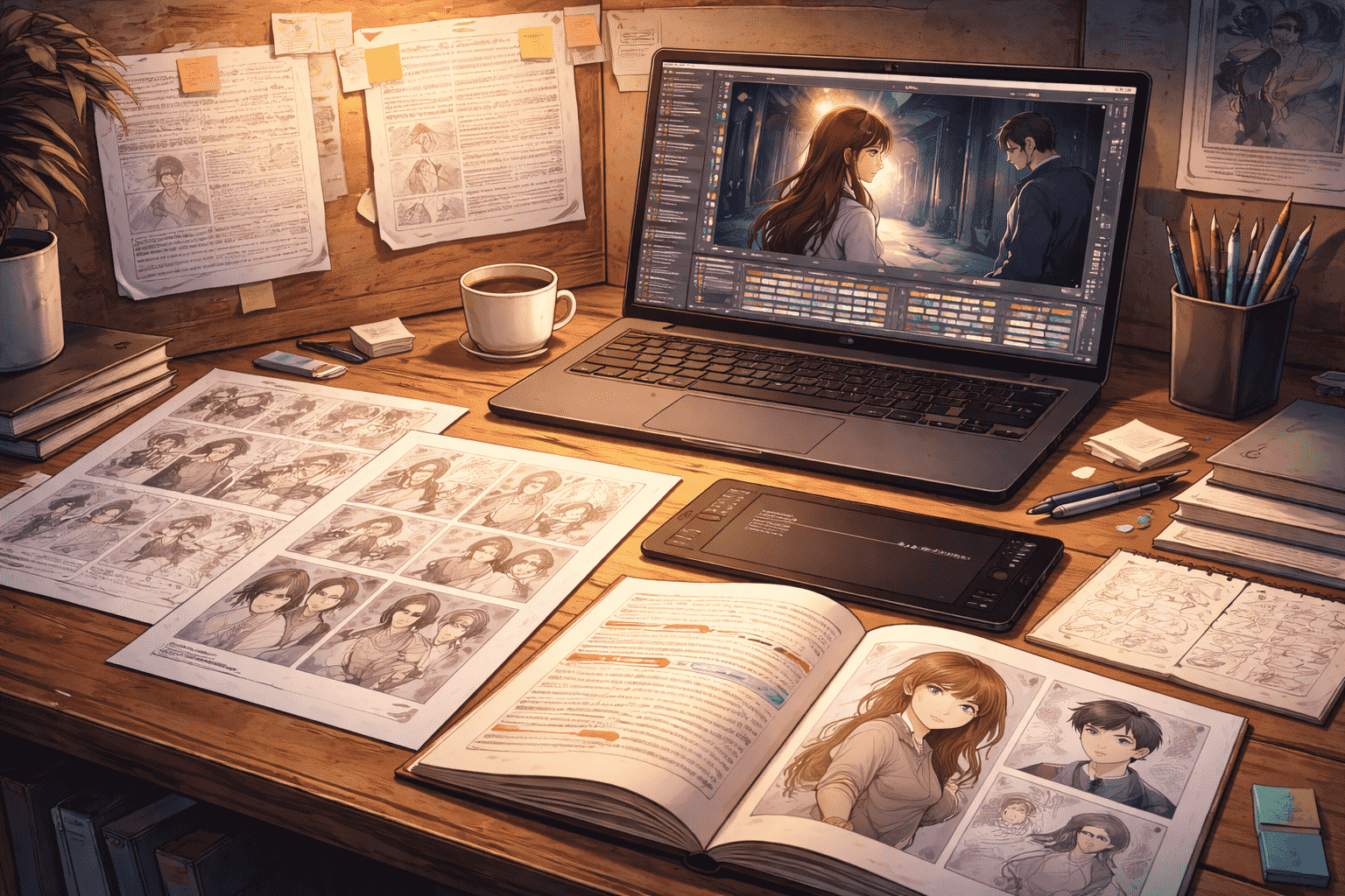 小说文本生成分镜结构的创作工作台，展示原文拆解、分镜设计与AI分镜生成流程