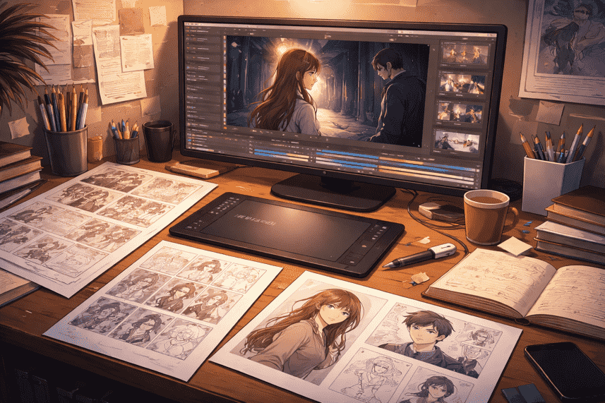 小说改编漫剧视频创作流程场景，展示分镜设计、角色设定、画面生成与视频制作工作台