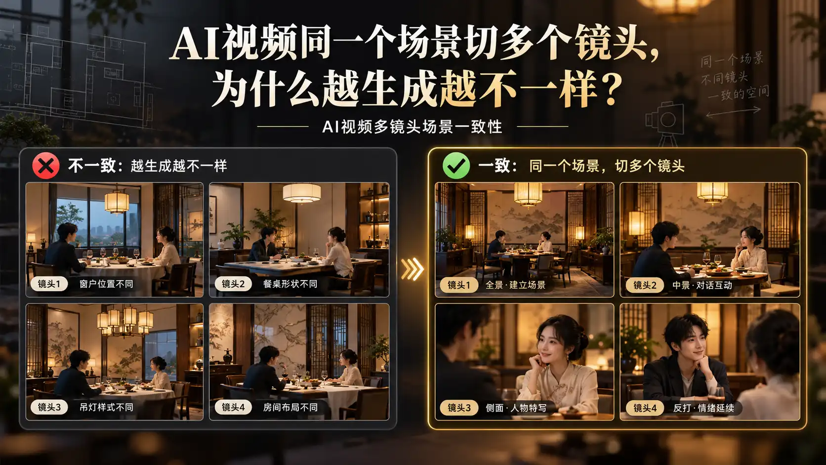 AI视频同一场景多镜头一致性对比，展示餐厅不同机位下场景结构保持一致