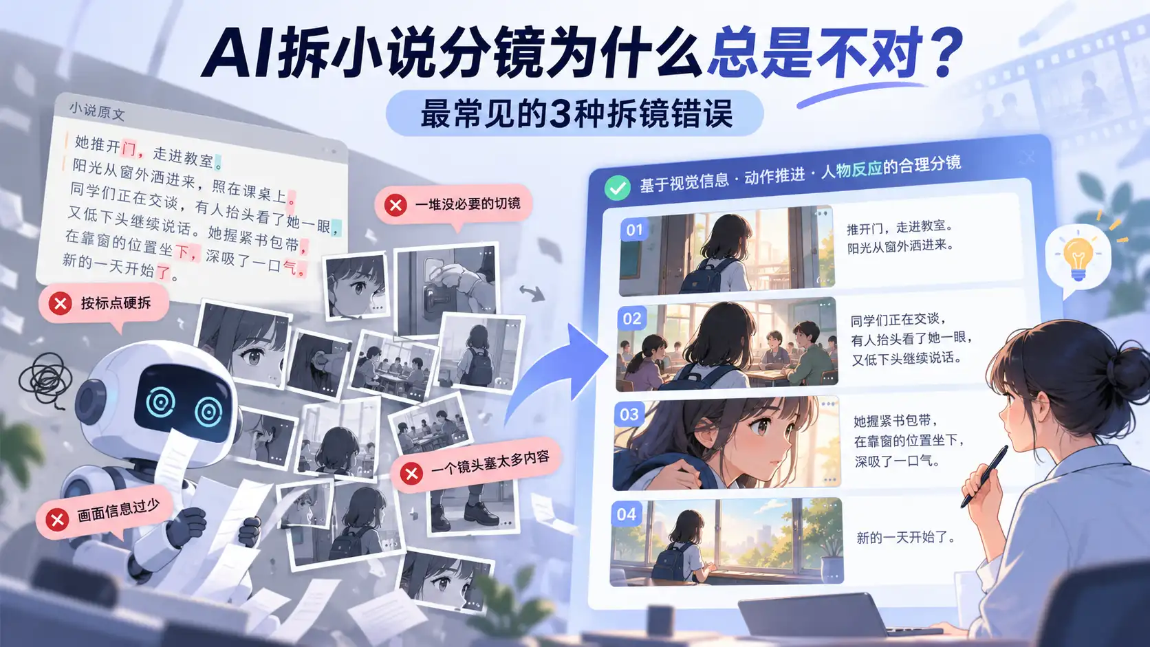AI拆小说分镜常见错误示意图，展示按标点机械拆镜、镜头信息过多和合理分镜结构对比