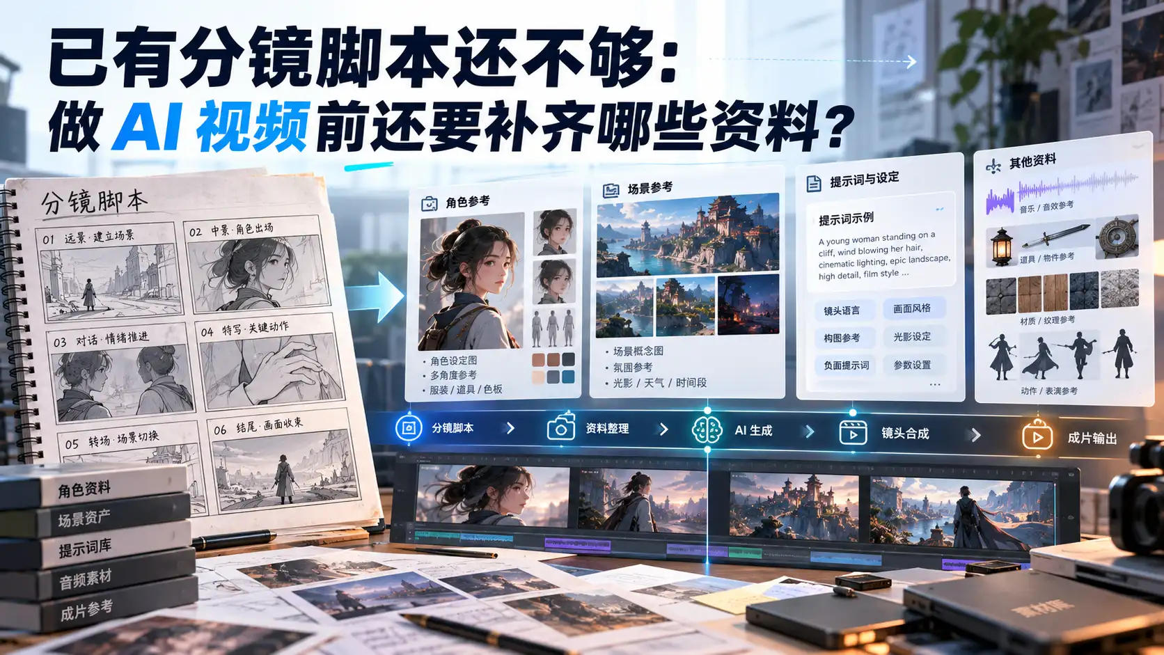已有分镜脚本到AI视频制作资料示意图，展示角色、场景、参考图和视频提示词