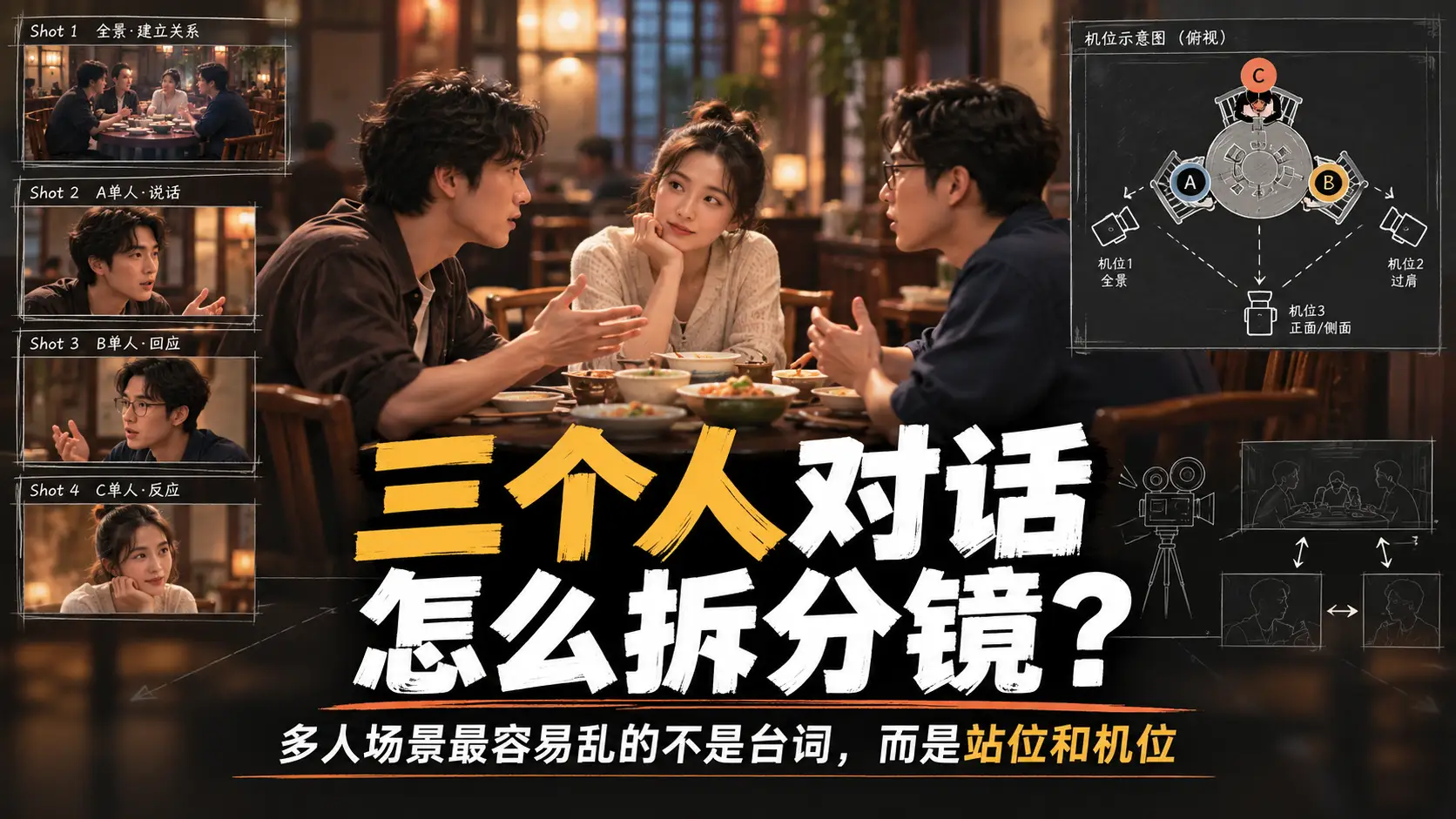 三人对话分镜示意图，展示多人饭桌场景中的人物站位、双人镜头和摄影机机位