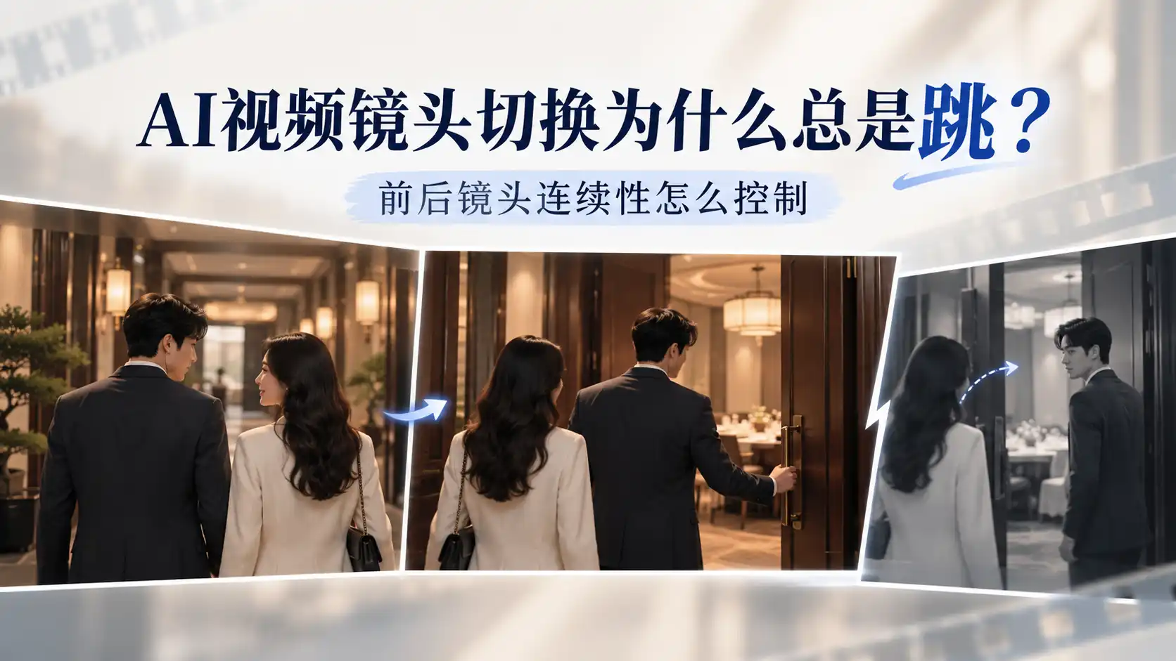 AI视频镜头切换连续性示意图，展示前后镜头中人物位置和动作衔接